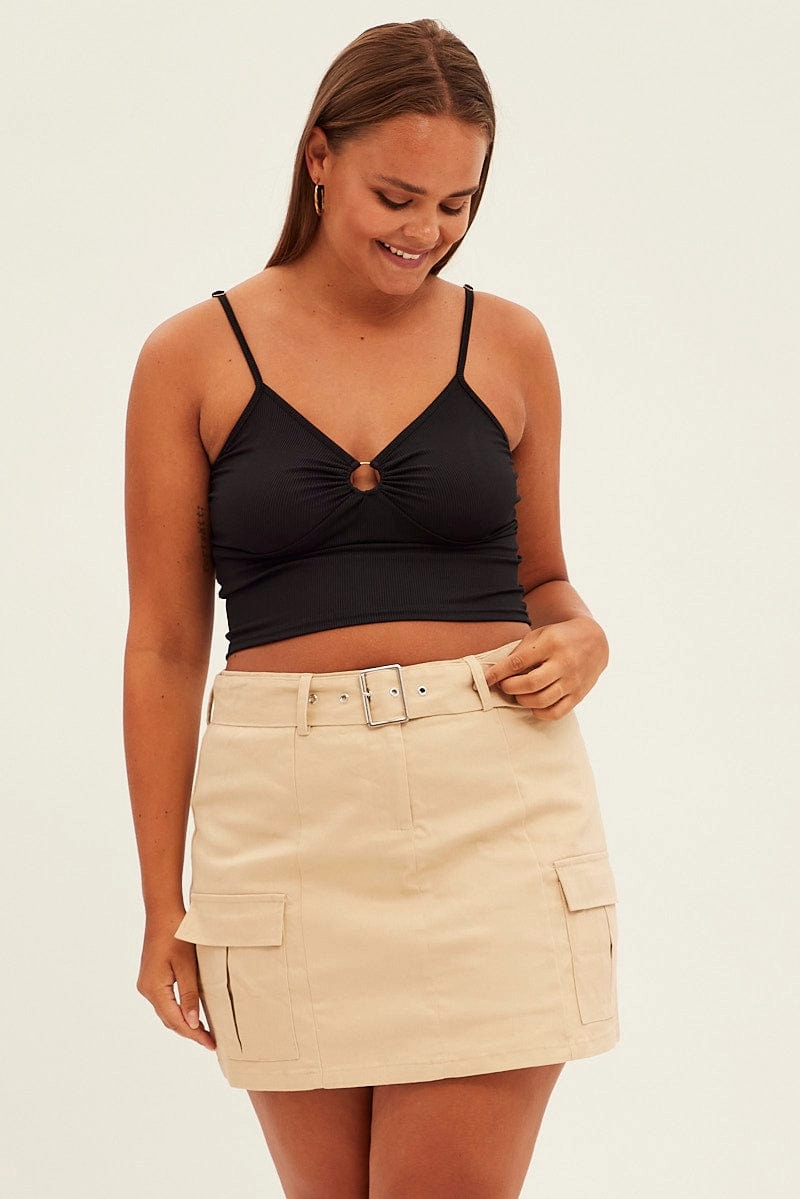 Delicate Texture Breezy Outfit Beige Cargo Skirt Belted Mini Cotton
