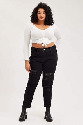 Winter Fashion Total Comfort Black Mid Rise Distress Mom Denim Jeans