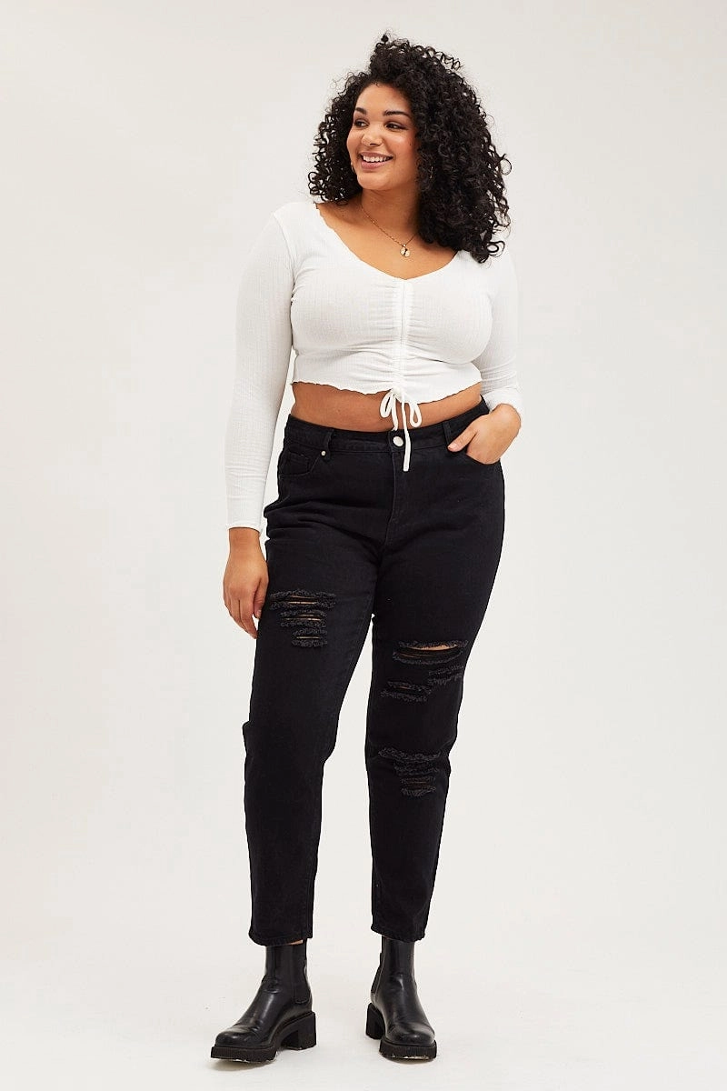 Black Mid Rise Distress Mom Denim Jeans Anti Bacterial Treatment