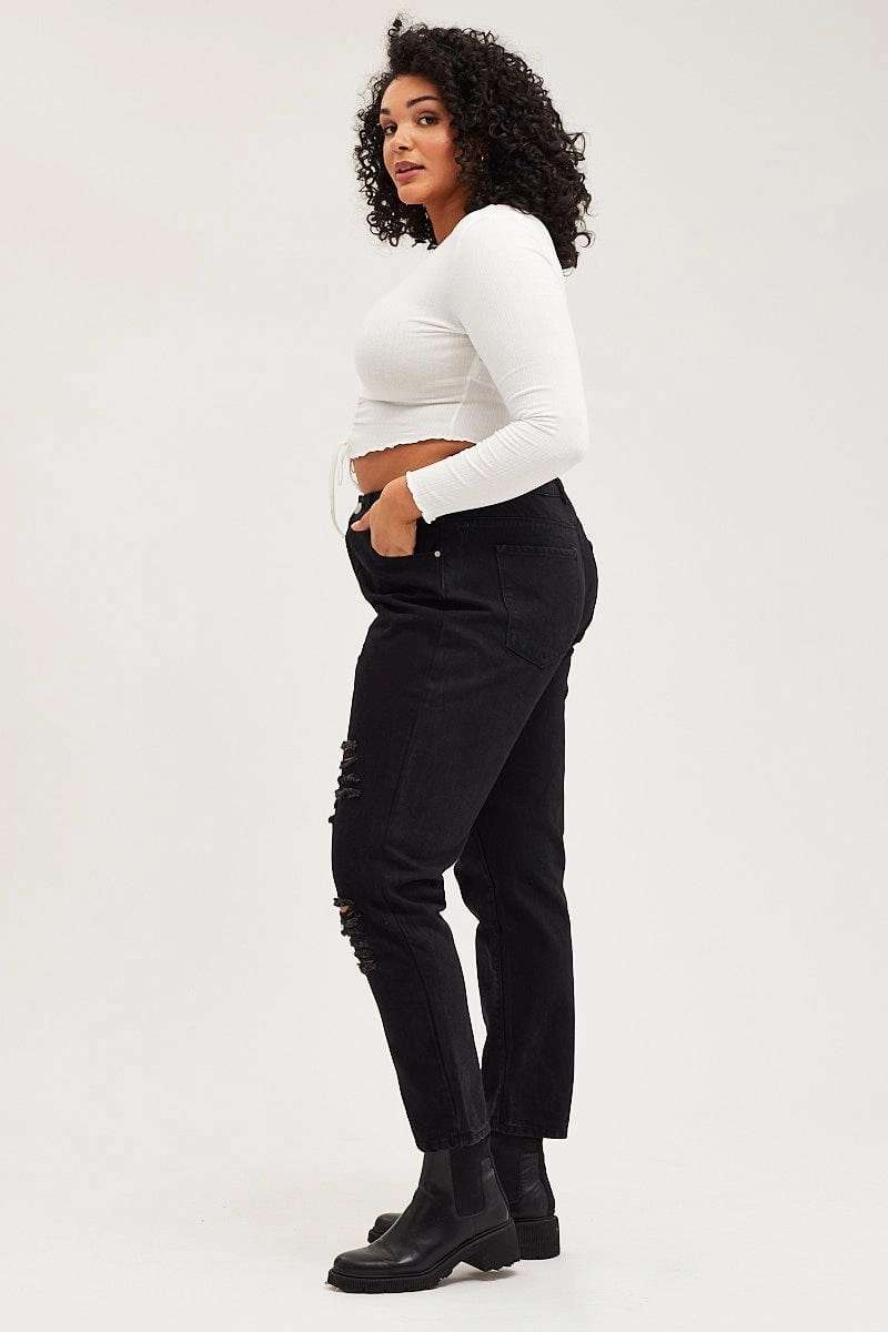 Comfortable Fit Design Black Mid Rise Distress Mom Denim Jeans