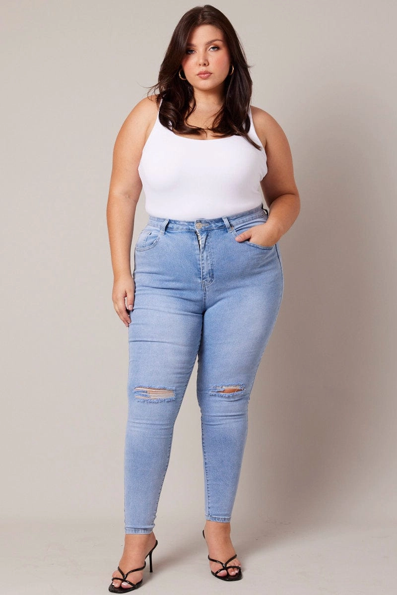 Denim Skinny Jeans High Rise Knee Slit Casual Vibe Lightwear Option