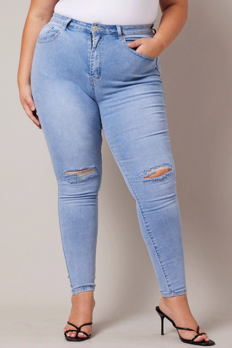 Go To Piece Denim Skinny Jeans High Rise Knee Slit