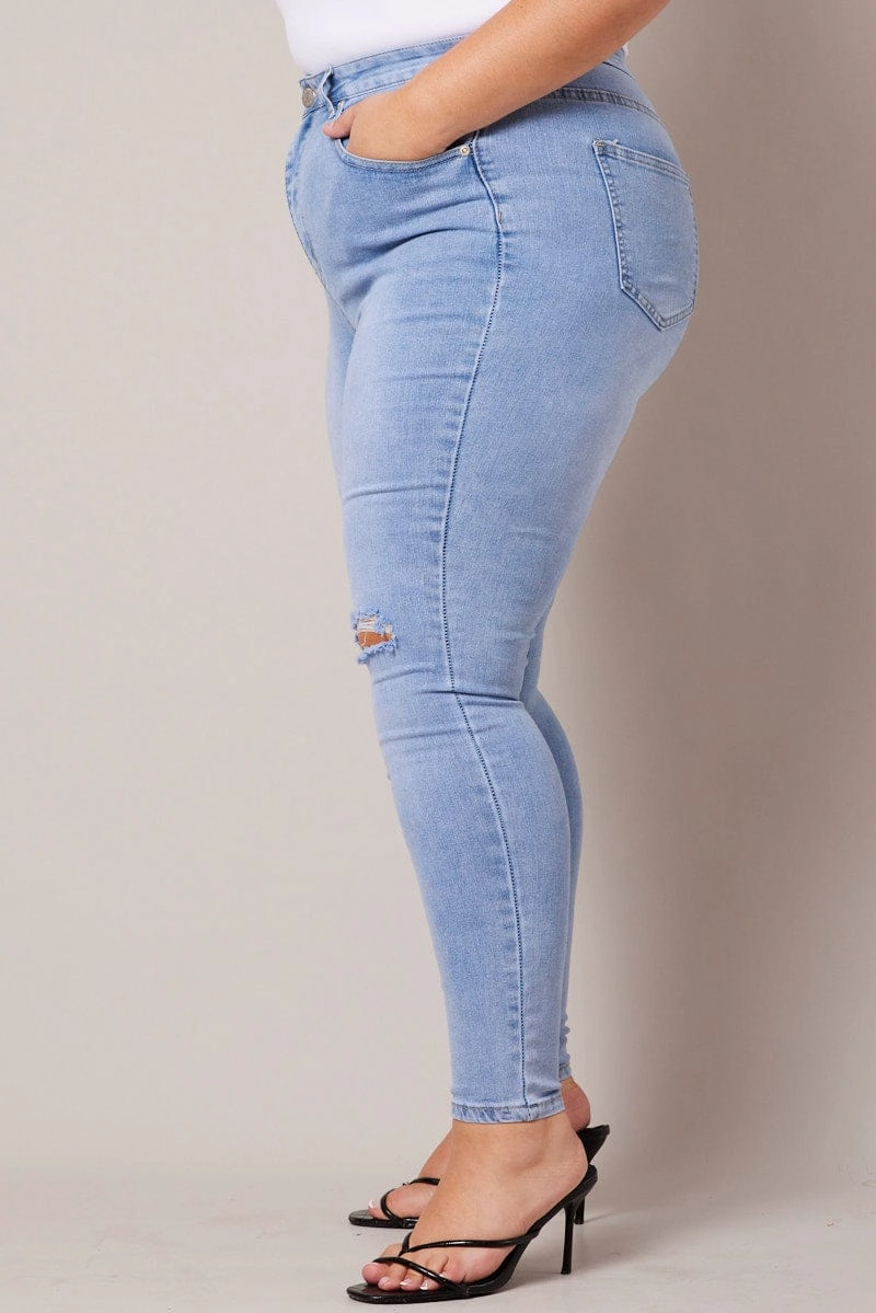 Denim Skinny Jeans High Rise Knee Slit Layered Basics Wrinkle Free Fabric Treatment