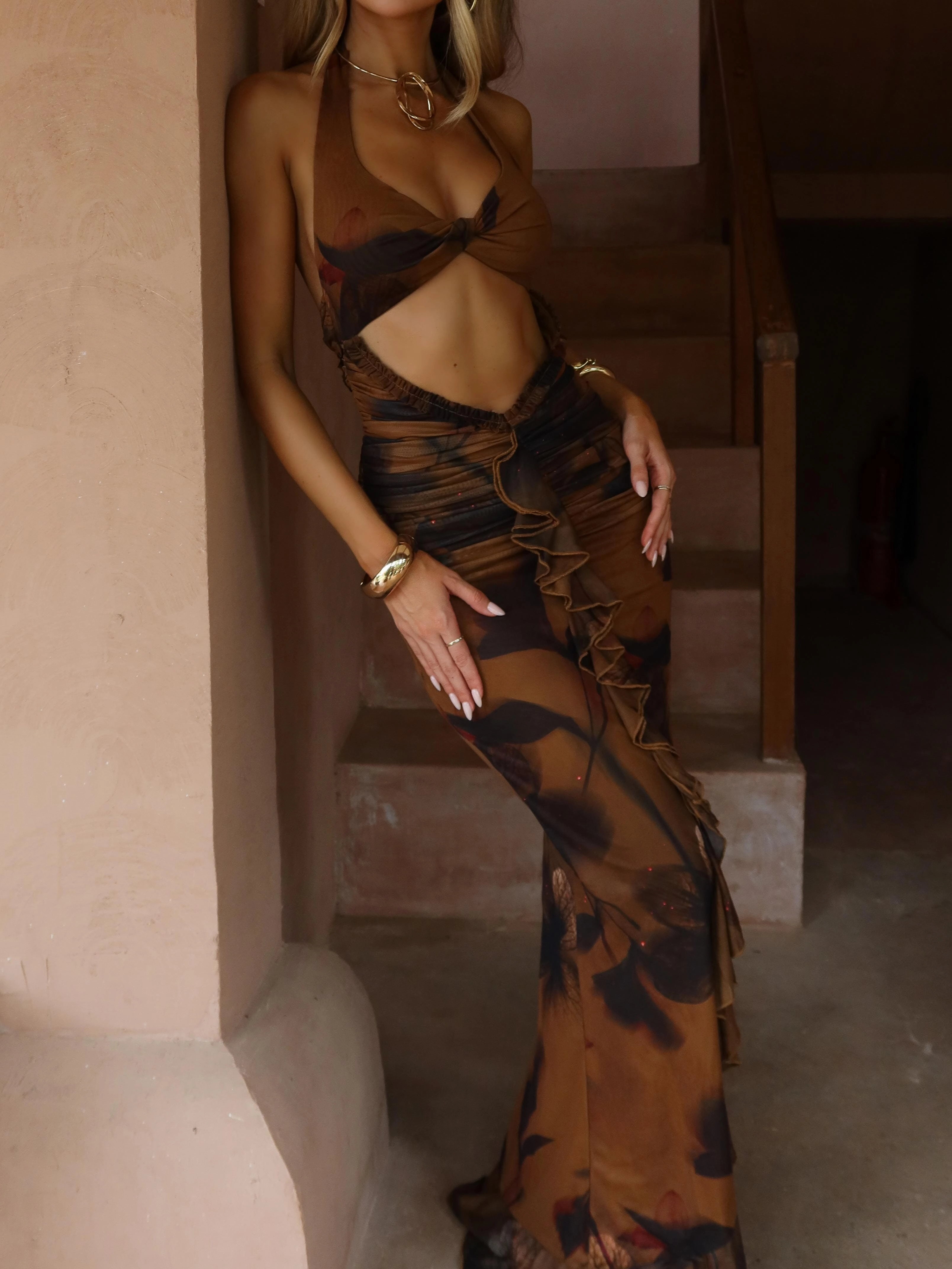 VIVIENE MAXI DRESS AMARA CINNAMON Clasp-Closure