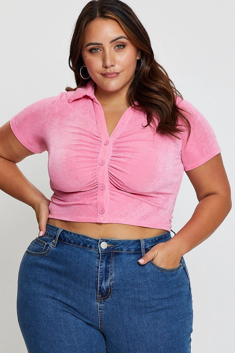 Solid Color Sustainable Weave H Pink Ruched Shirt Short Sleeve Slinky Jersey