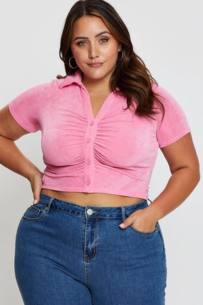 Solid Color Sustainable Weave H Pink Ruched Shirt Short Sleeve Slinky Jersey