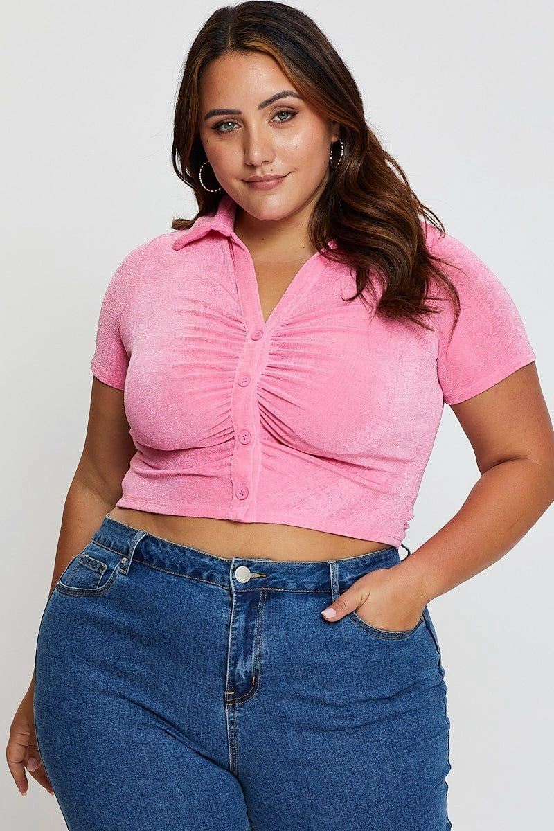 H Pink Ruched Shirt Short Sleeve Slinky Jersey Pure Cotton Minimal Look