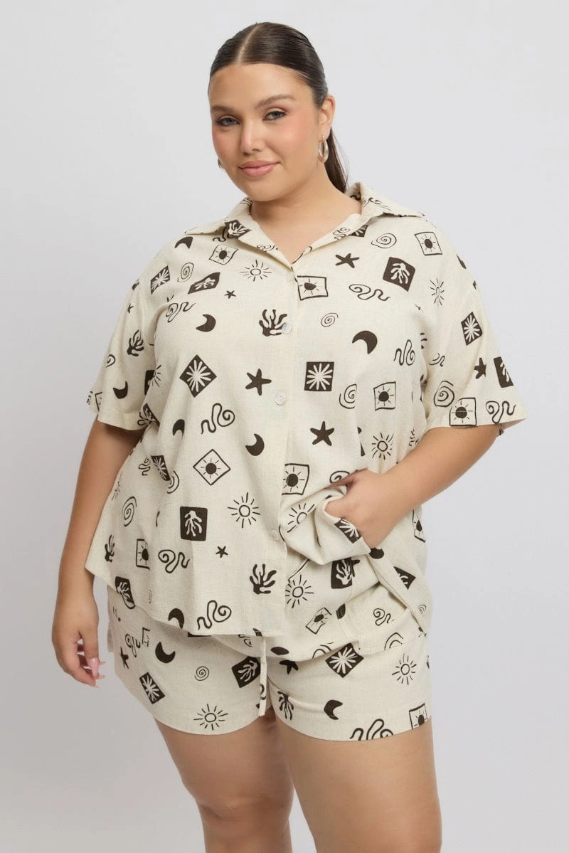 Beige Abstract Relaxed Shirt Short Sleeve Linen Blend Reinforced Seams Timeless Fit