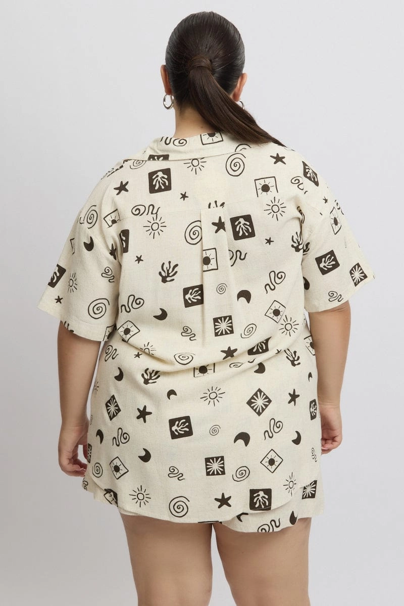 Perfect Fit Light Option Beige Abstract Relaxed Shirt Short Sleeve Linen Blend