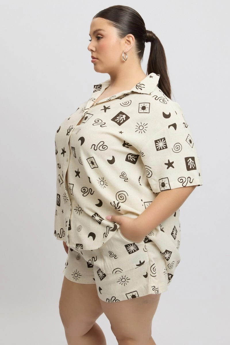 Beige Abstract Relaxed Shirt Short Sleeve Linen Blend Perfect Wear Chambray Fabric