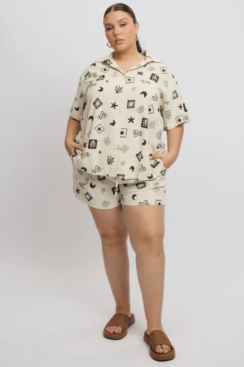 Beige Abstract Relaxed Shirt Short Sleeve Linen Blend Warm Weather Wear Trendy Fit