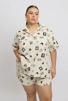 Cozy Layer Beige Abstract Relaxed Shirt Short Sleeve Linen Blend