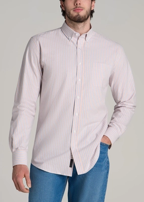 Washed Oxford Shirt for Tall Men in Apricot and Blue Multi Stripe Everyday Look HighNeckline