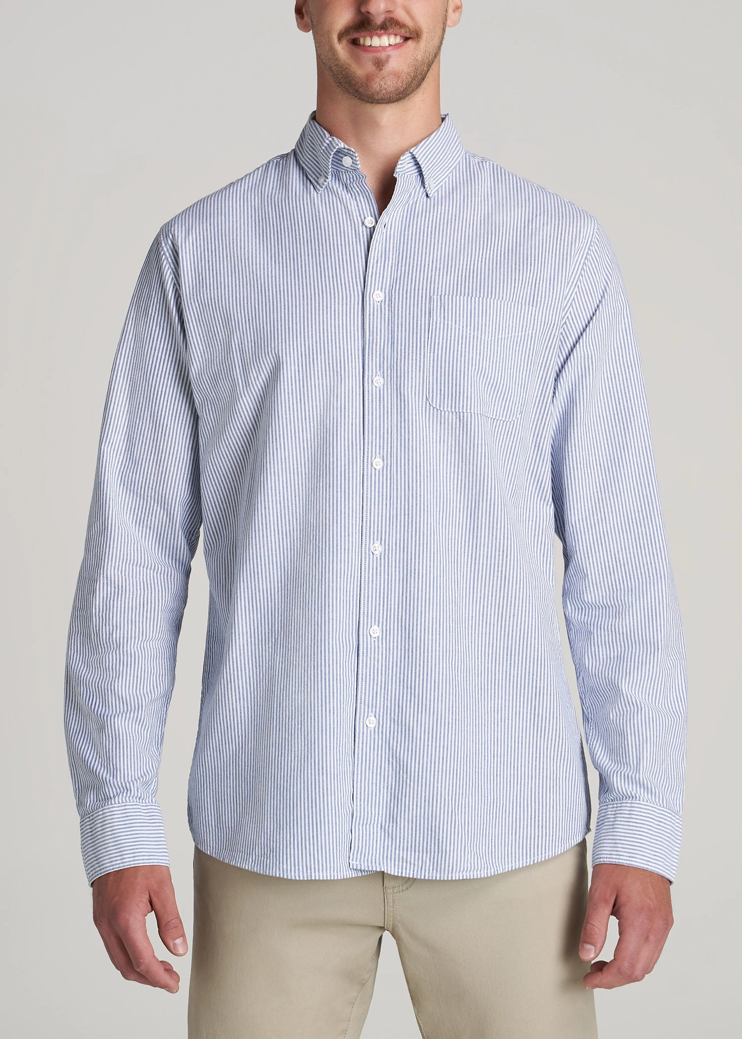 Stretch Fit Engineering HighDensity Weave Washed Oxford Shirt for Tall Men in Blue Banker Stripe
