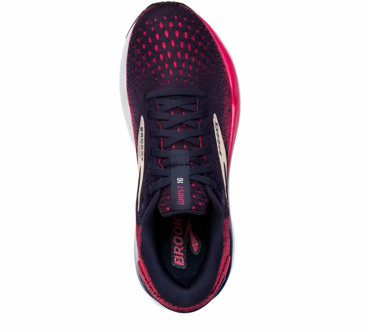 Brooks Women's Ghost 16 Sneaker - Peacoat/Raspberry/Apricot Rubber Tread Pattern Light Look