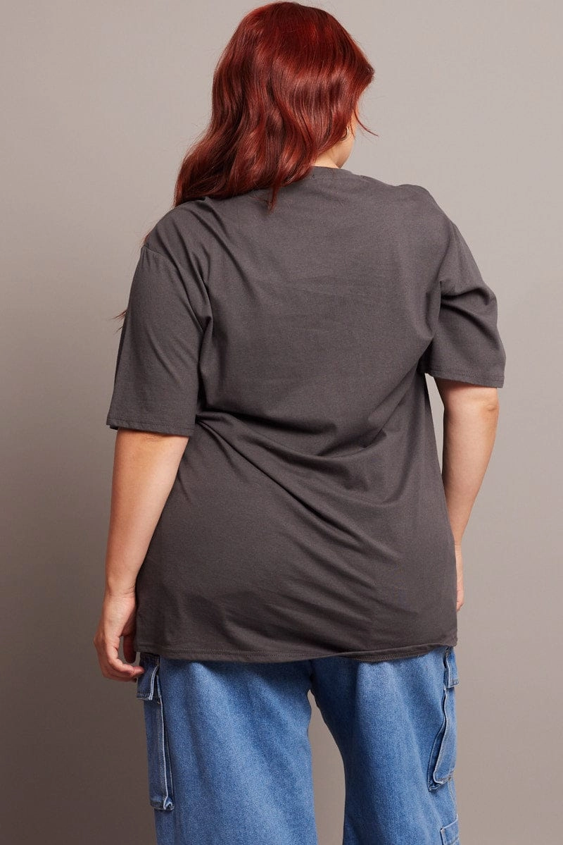 elastic waistband Grey Graphic T-shirt Short Sleeve Crew Neck