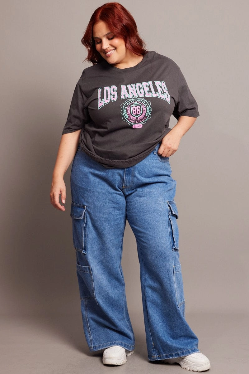 Breathable Waist Layered Neckline Grey Graphic T-shirt Short Sleeve Crew Neck