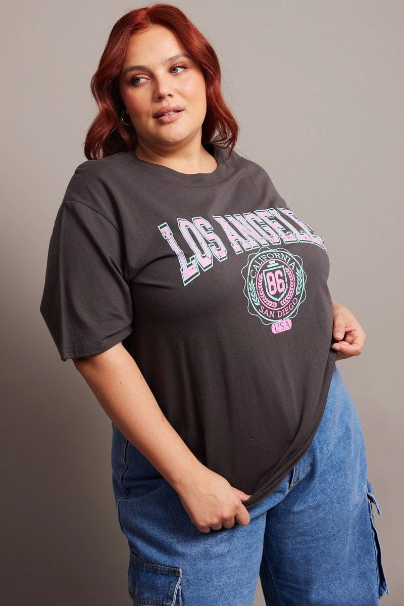 Grey Graphic T-shirt Short Sleeve Crew Neck Distressed Hem Finish