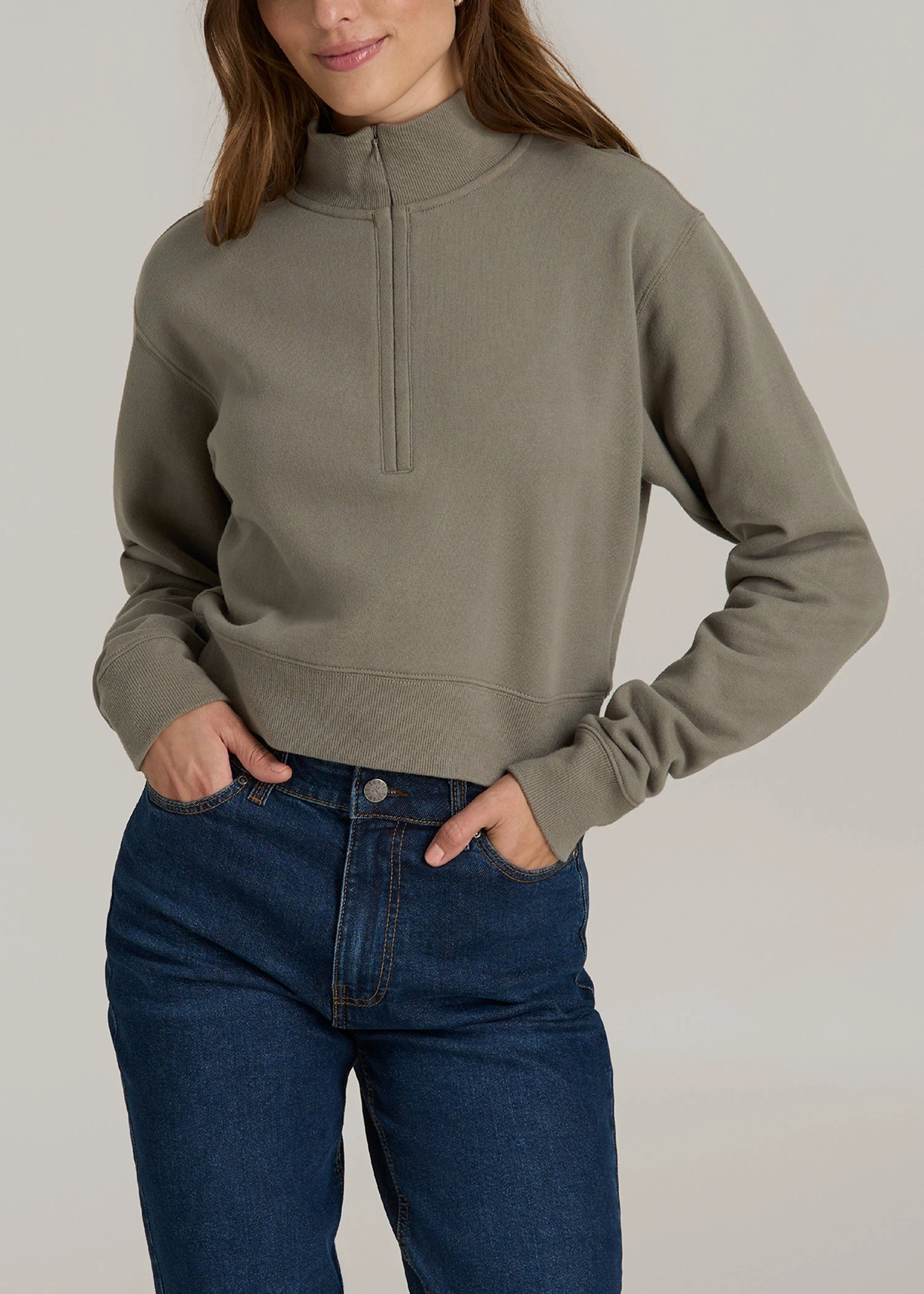 Urban Trend Wearever 2.0 Fleece Half-Zip Cropped Sweatshirt for Tall Women in Camper Green
