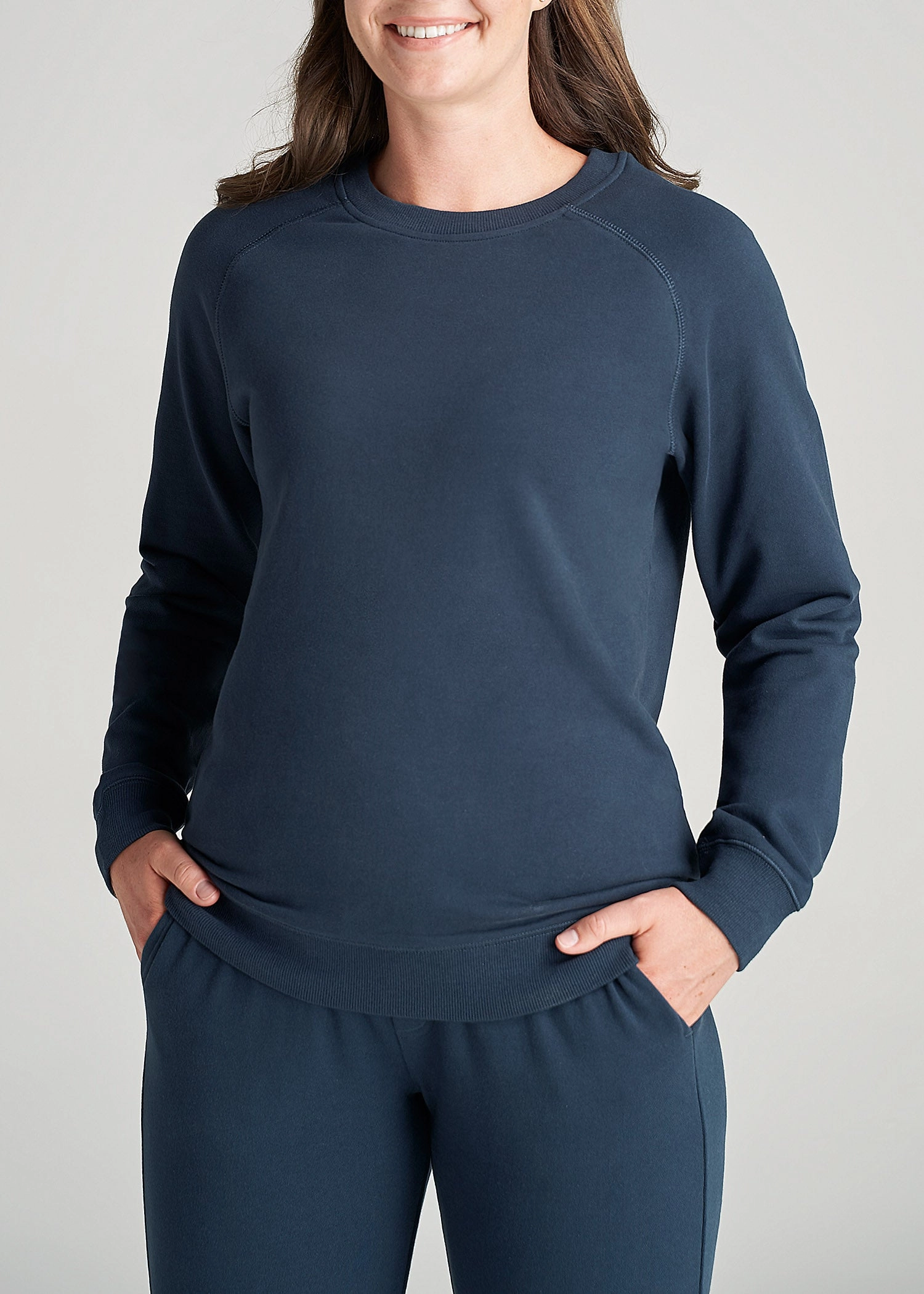 wrinkle free product earthy warmth Wearever French Terry Women's Tall Crewneck Sweatshirt in Bright Navy