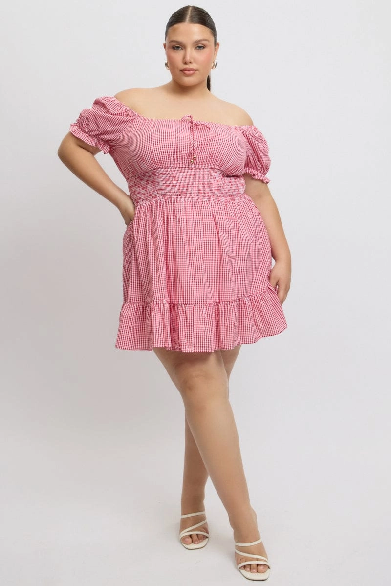Open-back Chill Mode Red Check Tie Front Shirred Waist Frill Minidress