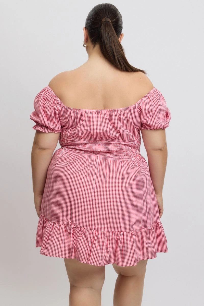 Elegant evening wear Red Check Tie Front Shirred Waist Frill Minidress
