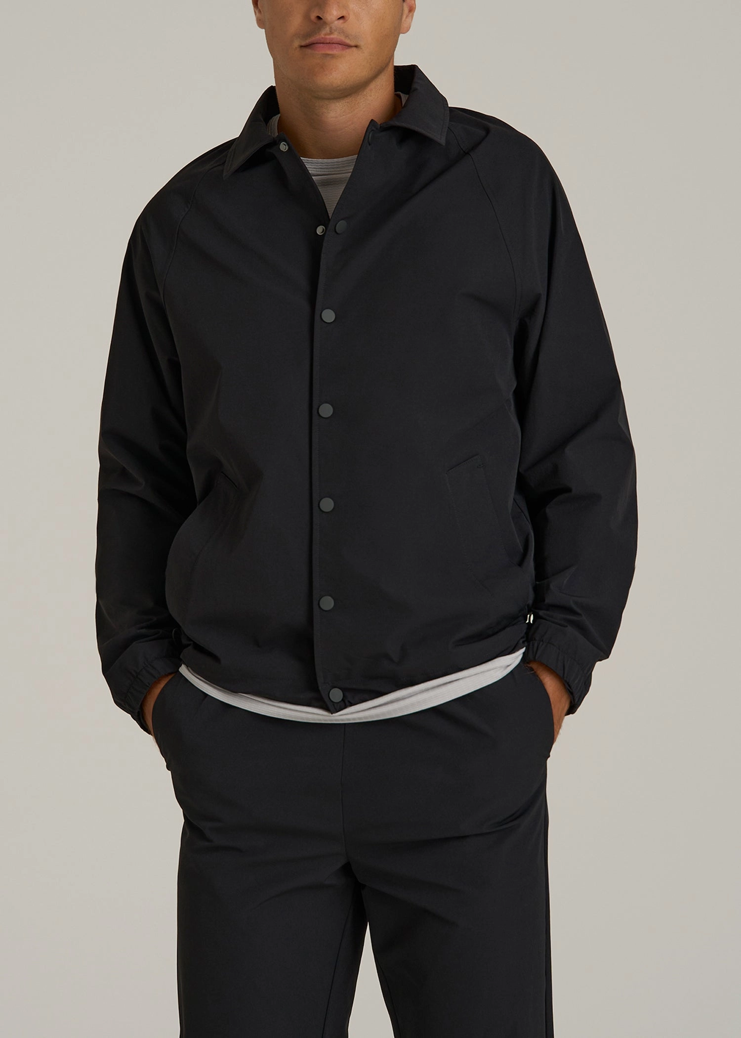 Polished Casual Smart Weather Style Flex Nylon Coach's Jacket for Tall Men in Black