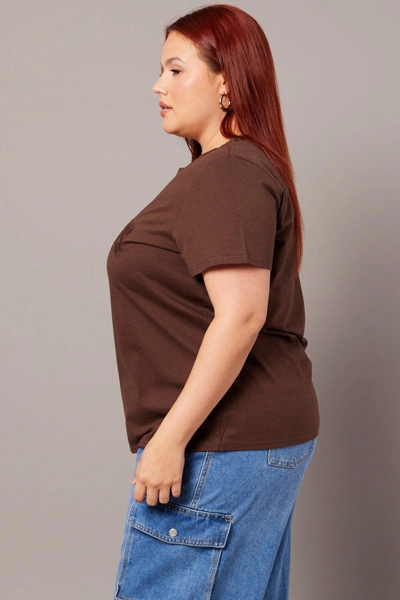 Brown Graphic T-shirt Short Sleeve Crew Neck Seasonal Casual Thermal Regulating Layer