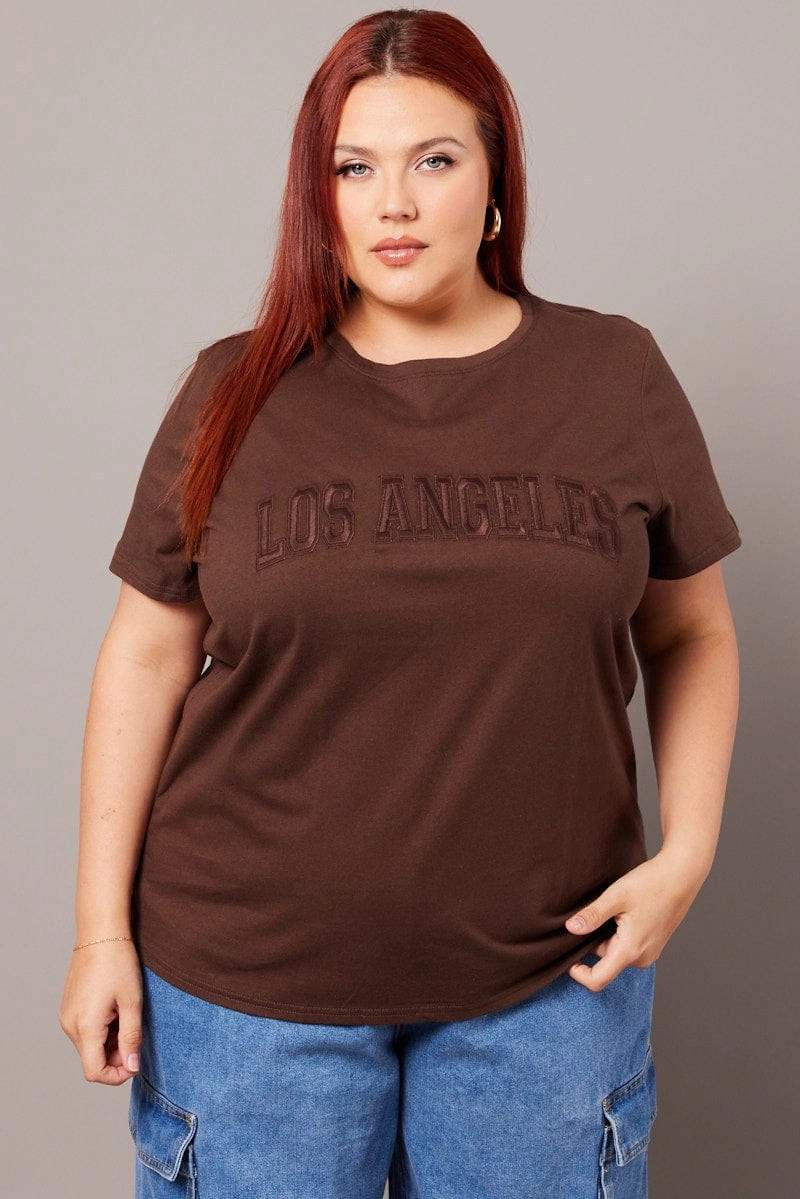 Brown Graphic T-shirt Short Sleeve Crew Neck Reinforced Collar Sustainable