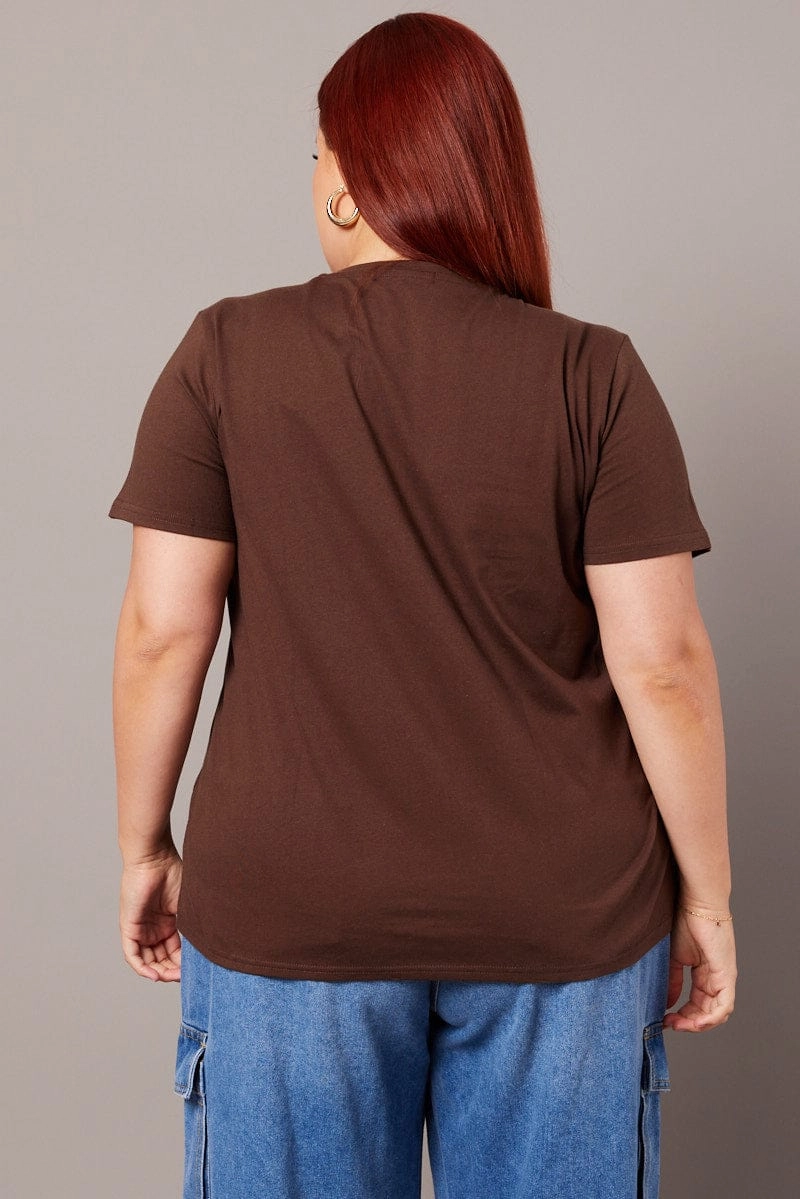 Brown Graphic T-shirt Short Sleeve Crew Neck elastic waistband