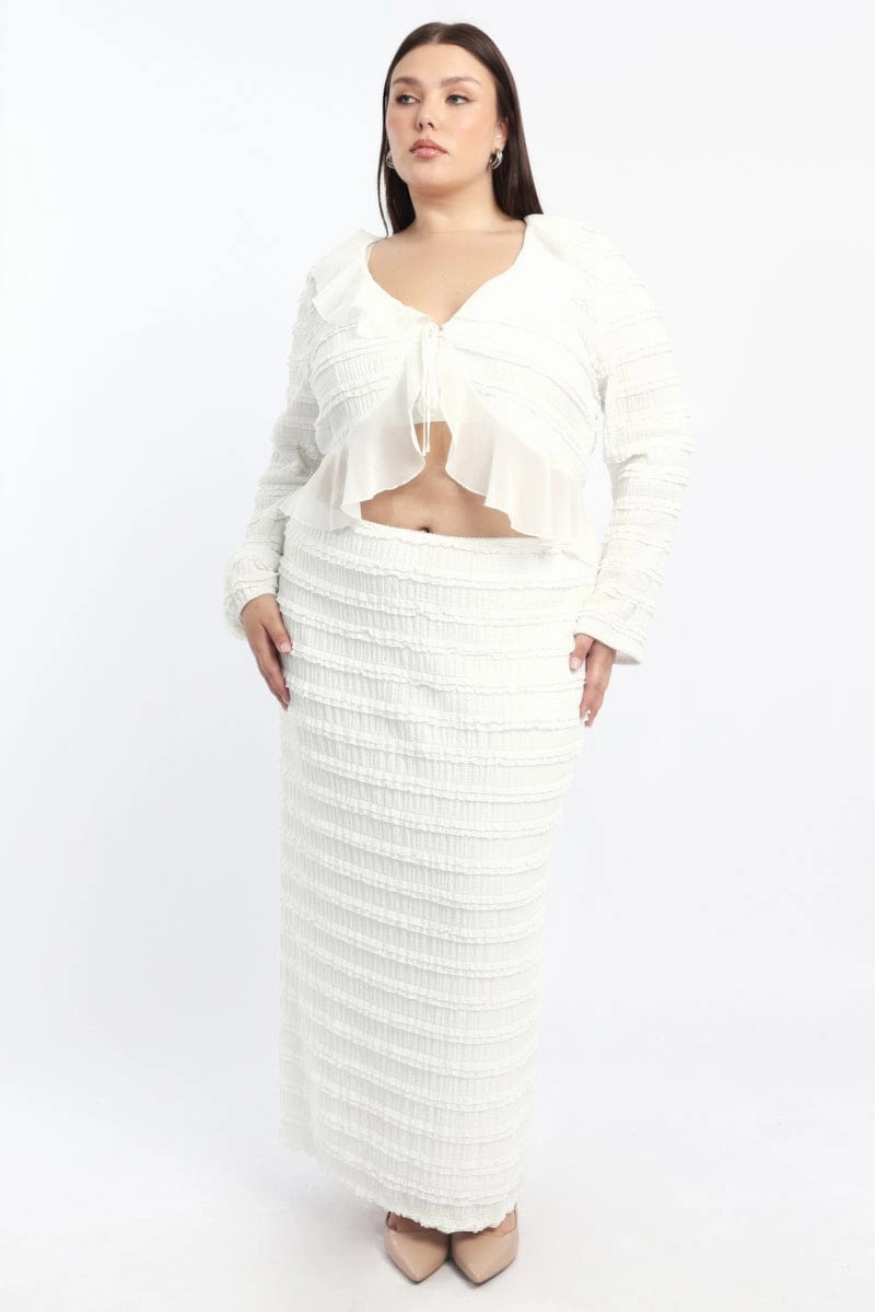 Non see through Twist Knot Details White Lace Maxi Skirt With Waist Trim