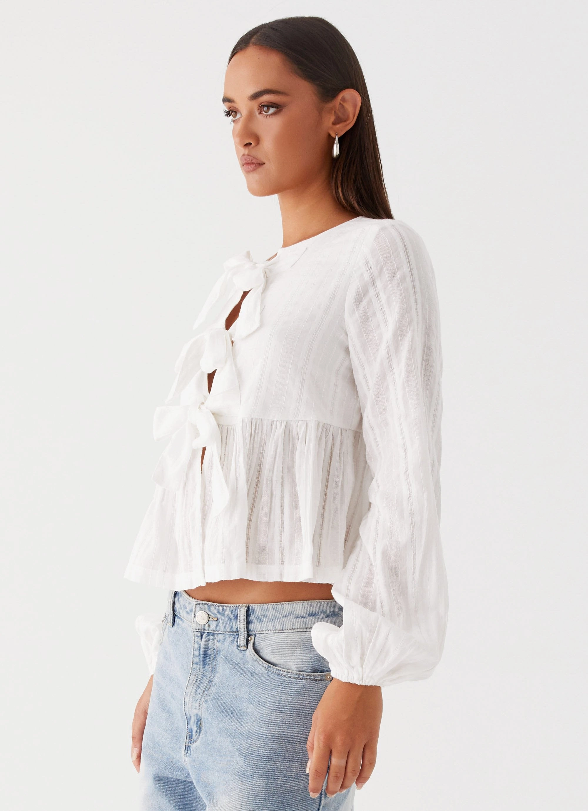 Western Wind Long Sleeve Top - White Casual Style Corduroy