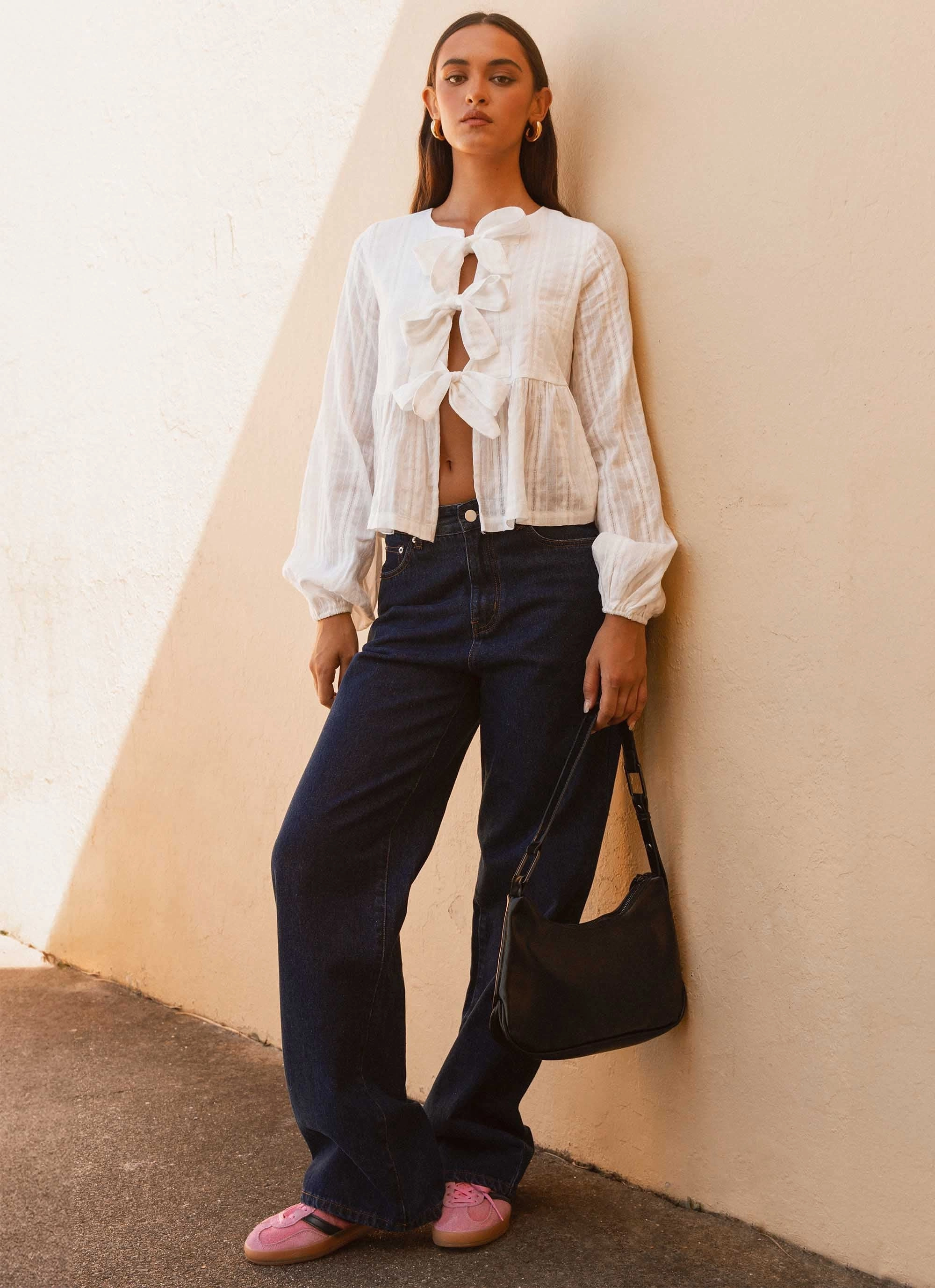 Western Wind Long Sleeve Top - White Exclusive Necklace