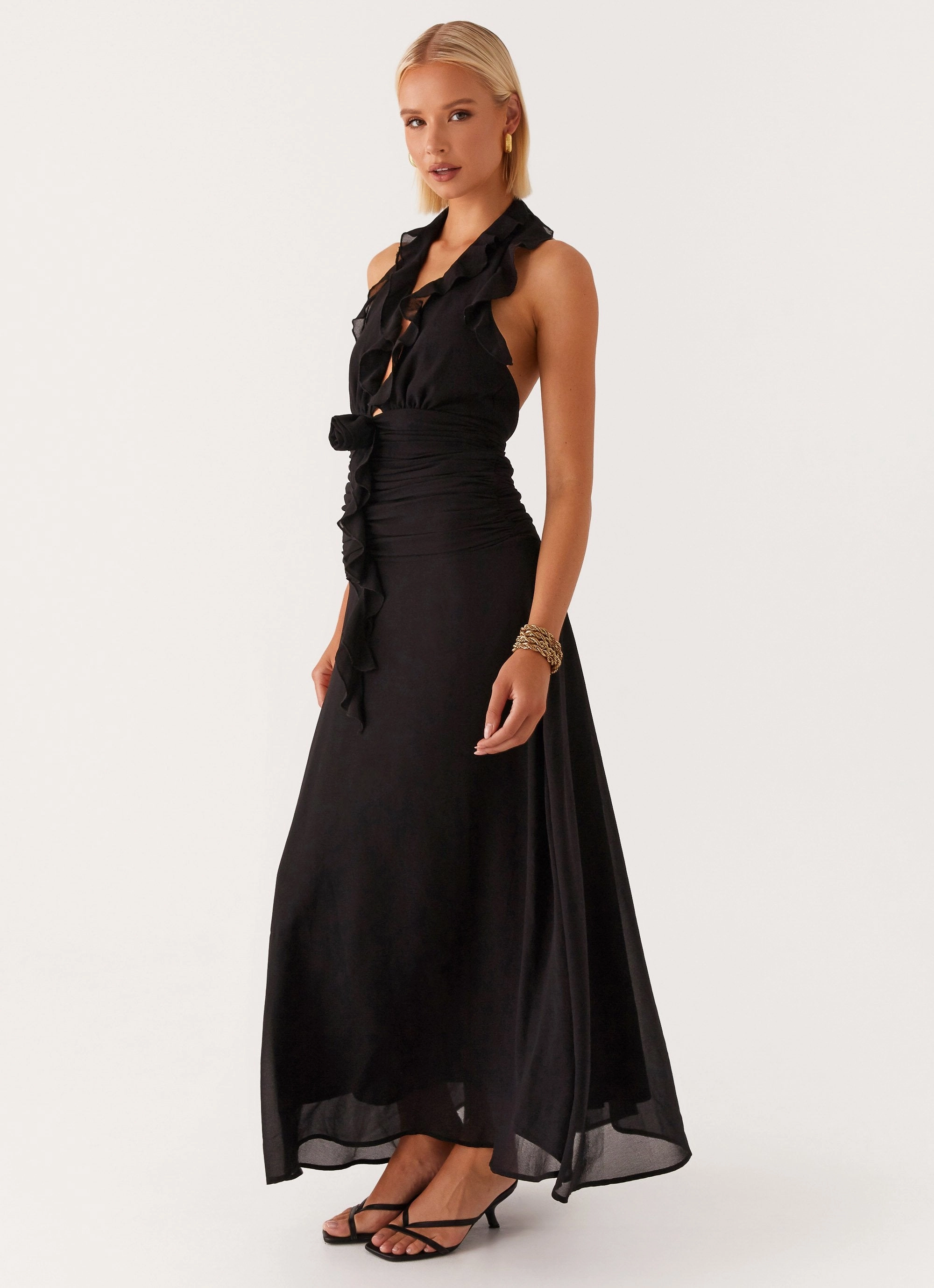 Vacation Vibes Sculpted Detail What You Need Frill Maxi Dress - Black