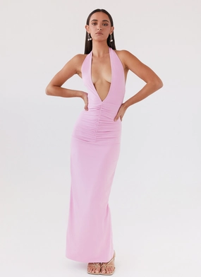 Whisked Away Halterneck Maxi Dress - Pink Pearl-Detail Textured Look