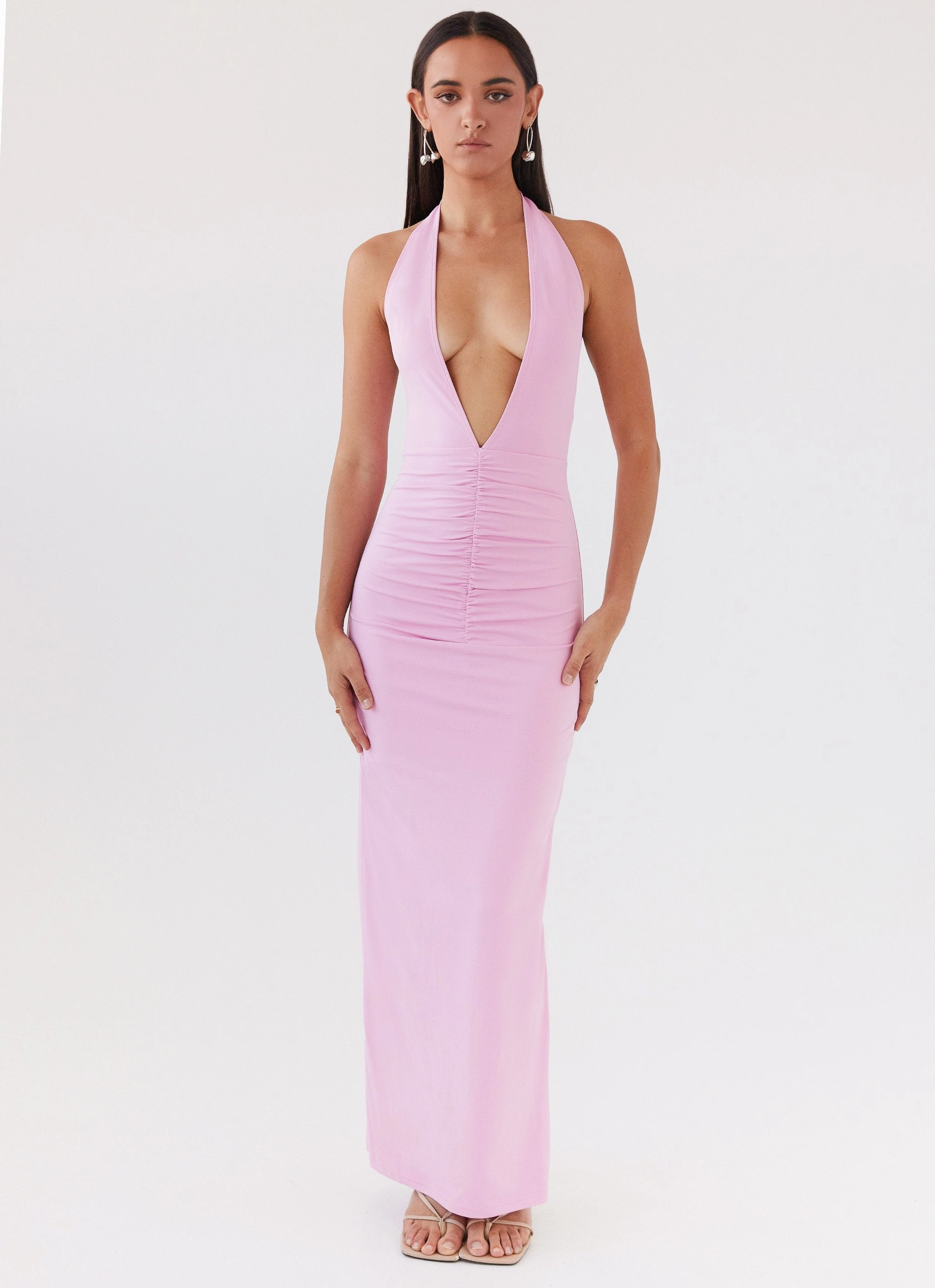 Quilted-Texture Whisked Away Halterneck Maxi Dress - Pink