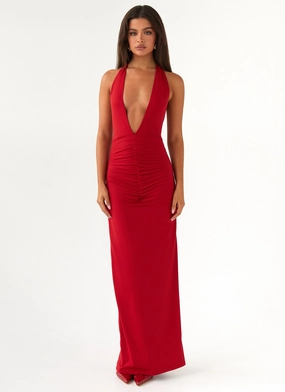 Emerging-Brand Light Sheen Whisked Away Halterneck Maxi Dress - Red
