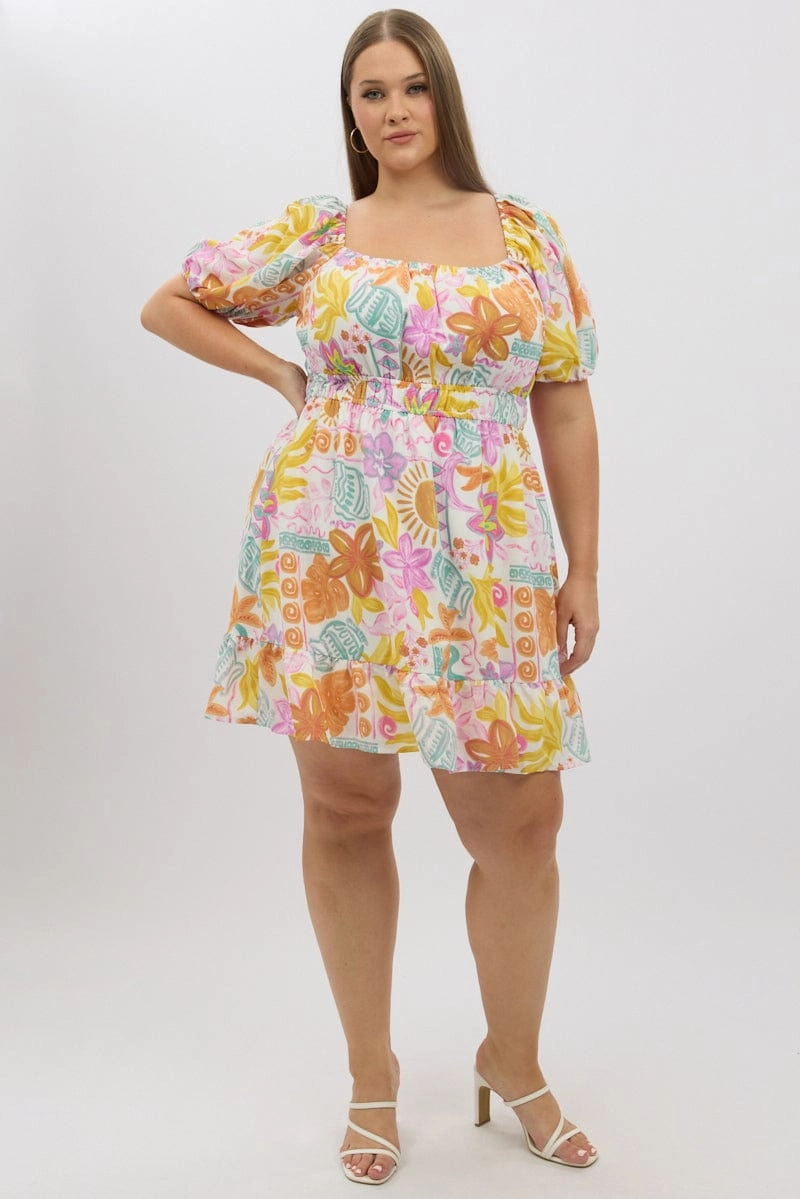 Edgy Look White Abstract Elastic Waist Puff Sleeve Mini Dress