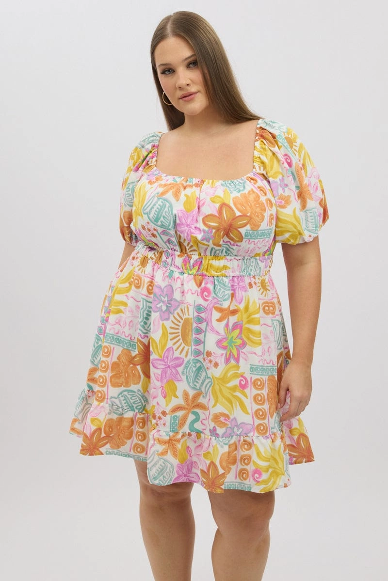 Relaxed Waist Fit Comfy Detail White Abstract Elastic Waist Puff Sleeve Mini Dress