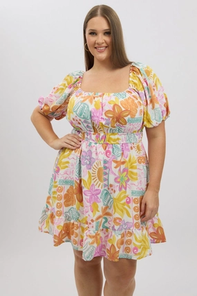 White Abstract Elastic Waist Puff Sleeve Mini Dress Chilly Day Wear