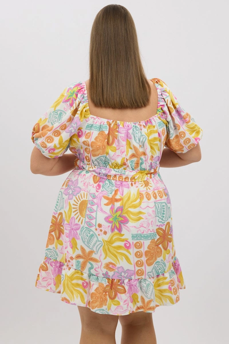 White Abstract Elastic Waist Puff Sleeve Mini Dress Fitted Mood Polished Finish
