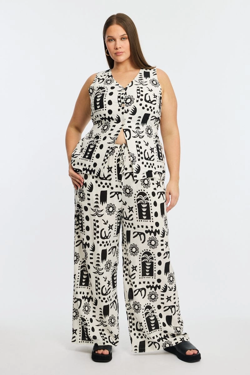 White Abstract Longline Vest V-neck Neutral Look