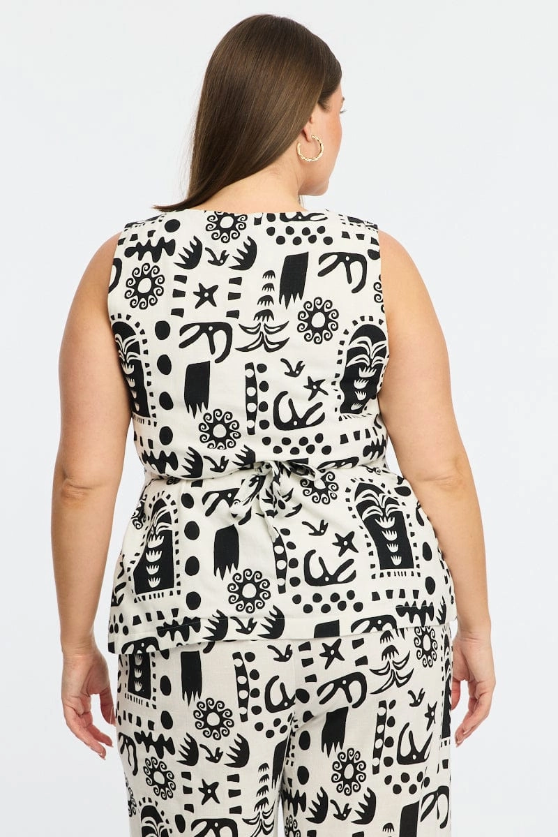White Abstract Longline Vest V-neck Compression Fold Design
