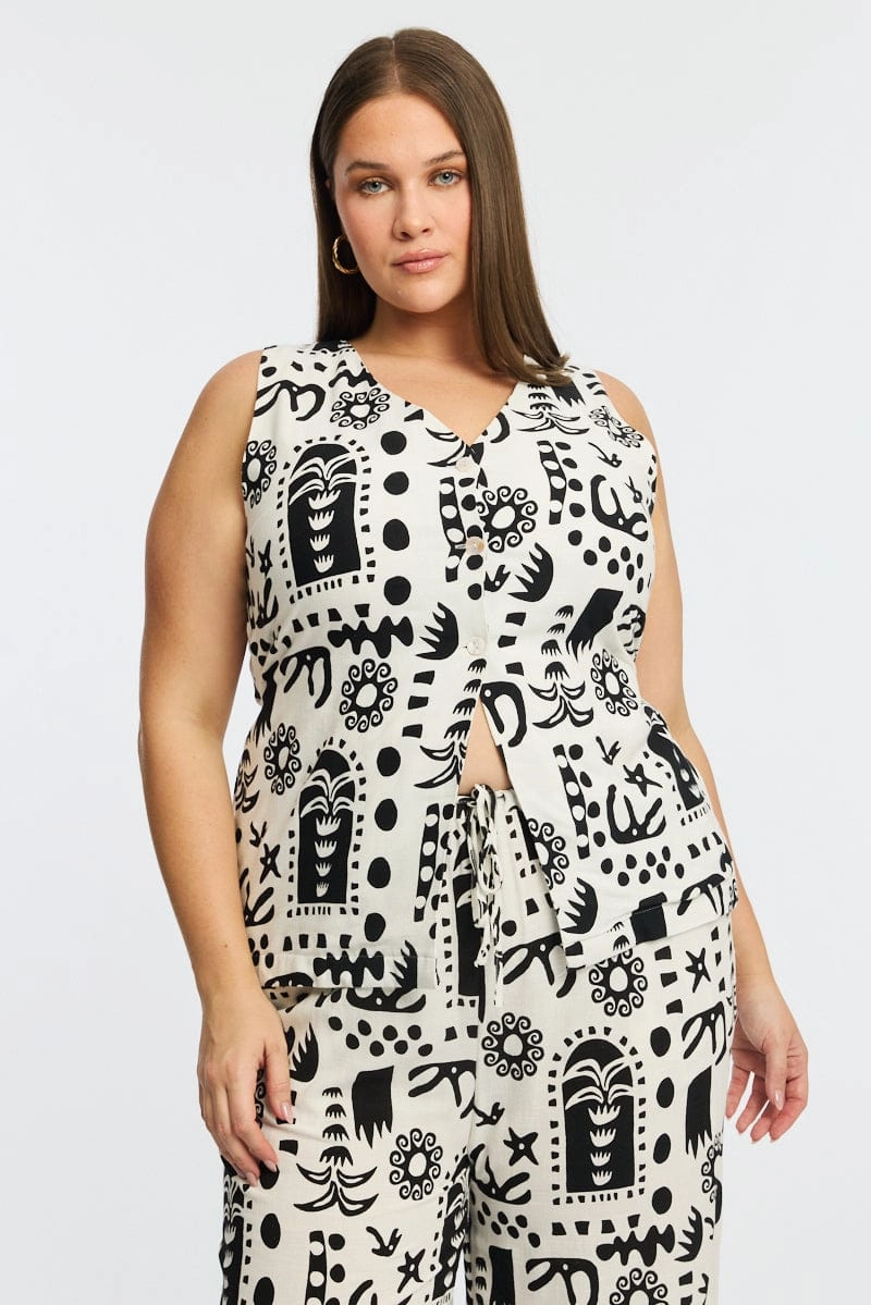 White Abstract Longline Vest V-neck Waterproof Design