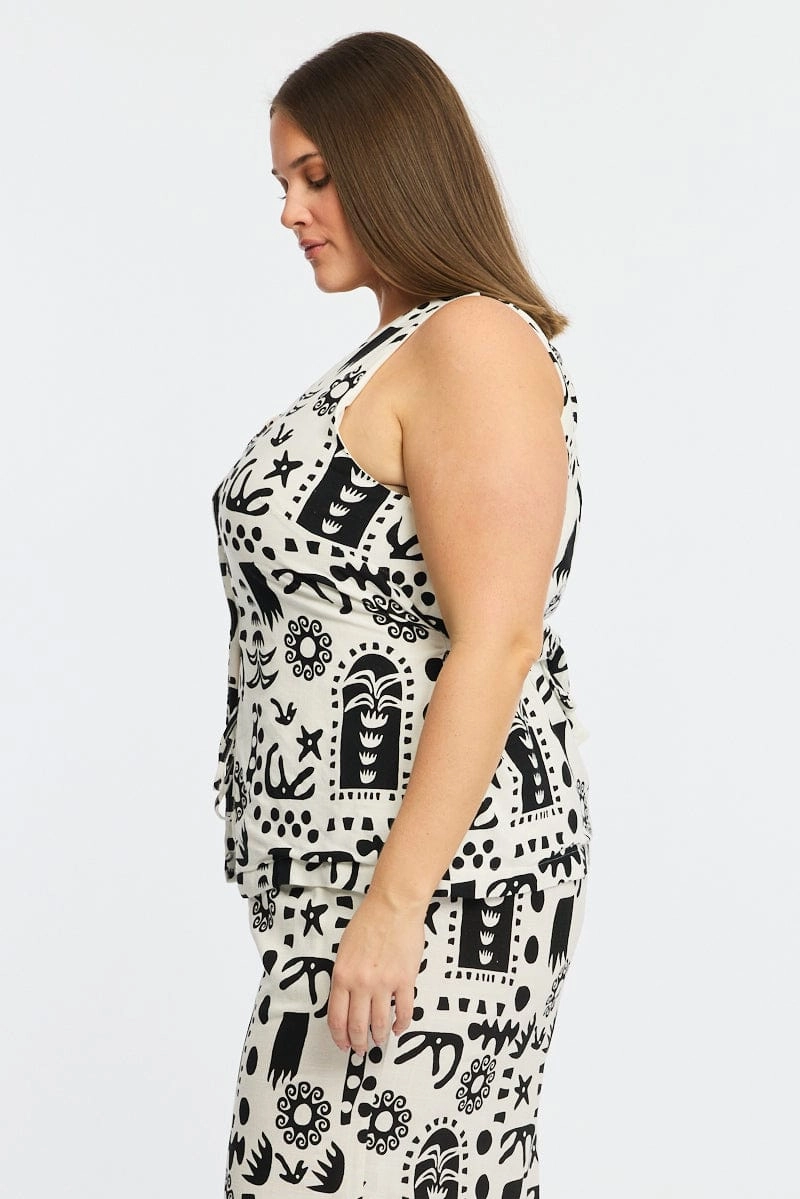 AntiPilling Finish White Abstract Longline Vest V-neck