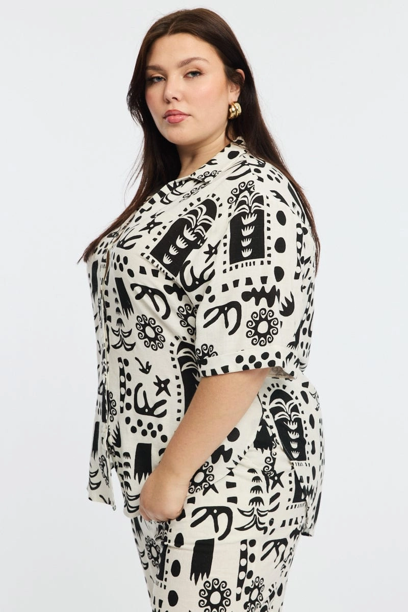 White Abstract Relaxed Shirt Short Sleeve Linen Blend Stretchable Fabric adult clothing