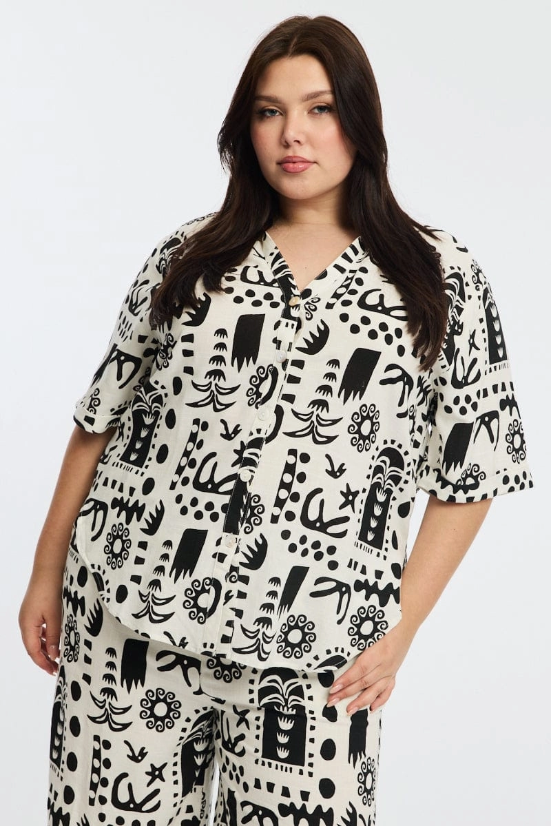 Lightweight Feel Abrasion resistant White Abstract Relaxed Shirt Short Sleeve Linen Blend