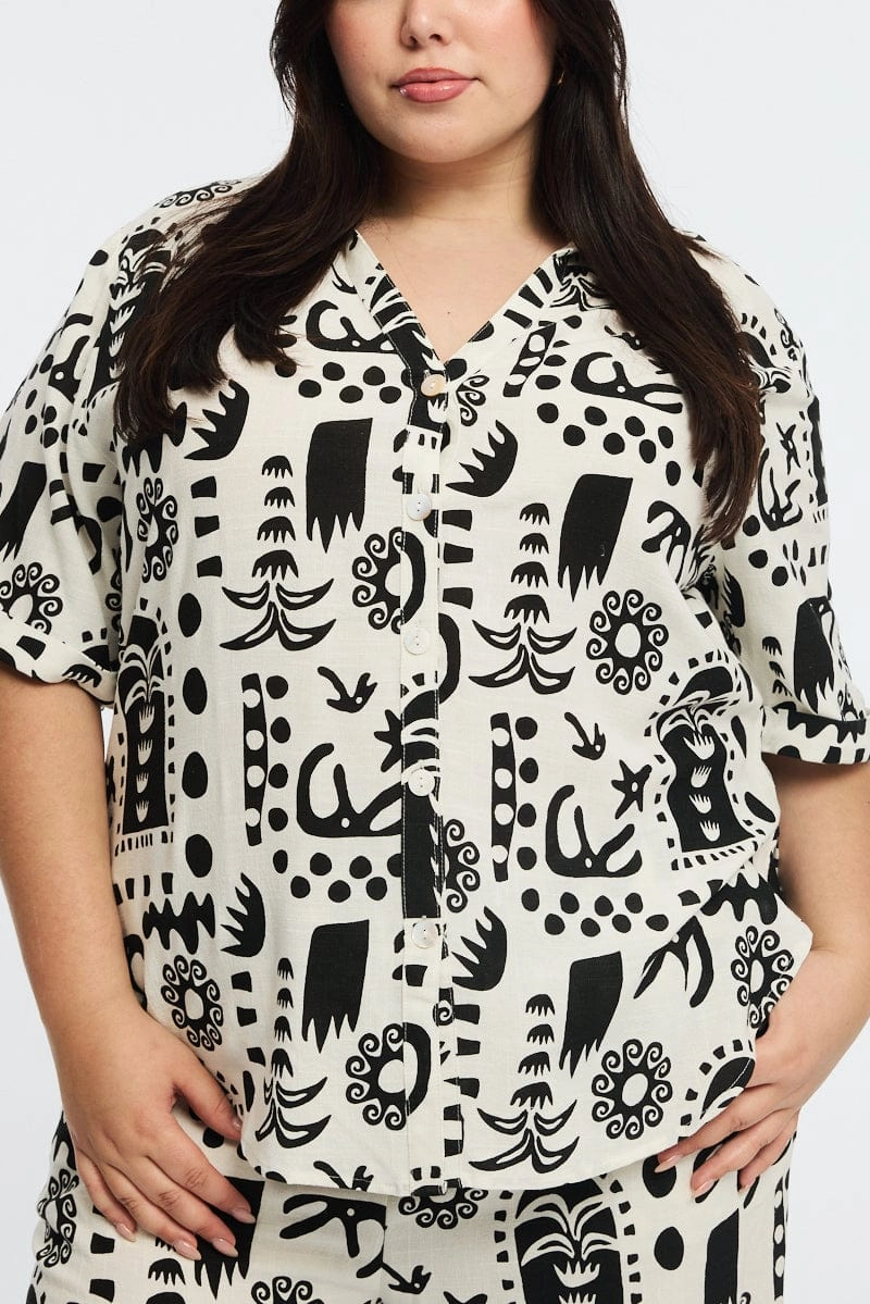 Relaxed Wear Breathable Underarm Vents White Abstract Relaxed Shirt Short Sleeve Linen Blend