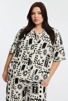 Lightweight Feel Abrasion resistant White Abstract Relaxed Shirt Short Sleeve Linen Blend