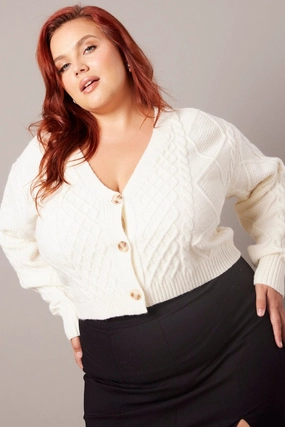 White Cable Knit Cardigan V-neck Crop YKK Fasteners Thermoplastic Elastomer Trim